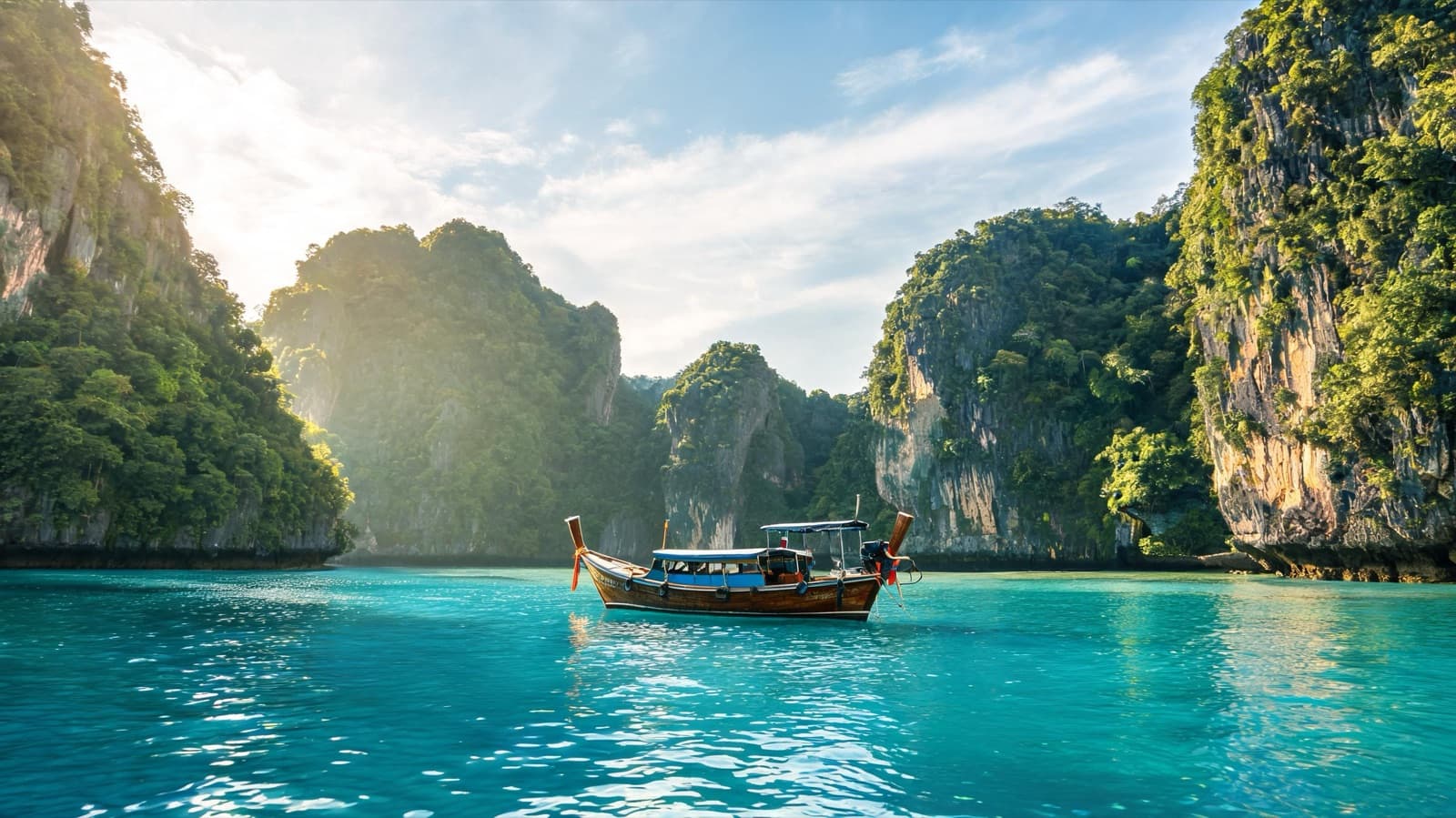 Longtail boat on turquoise water between limestone karsts in southern Thailand, bright morning light