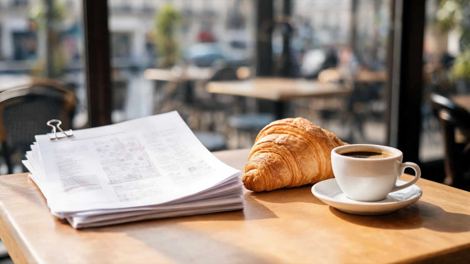 Printed travel itinerary pages clipped together on a Paris cafe table with a croissant and espresso