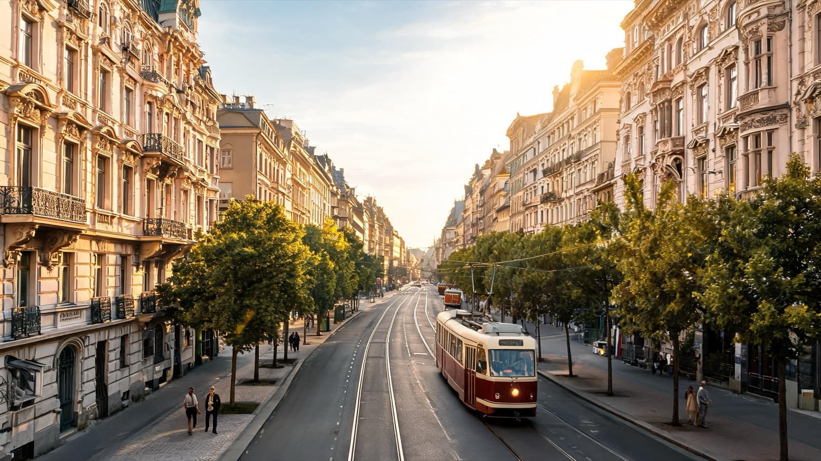 Elegant Vienna boulevard with a classic tram and grand facades in warm afternoon light